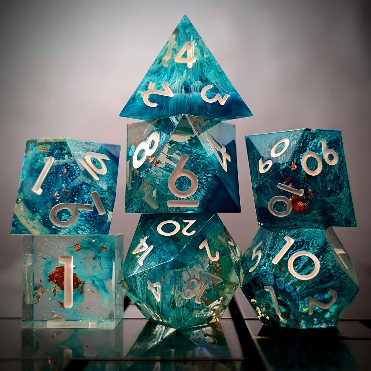 Blue Swirl in Teal with Gold Foil Sharp Resin - 7pcs RPG Dice Set