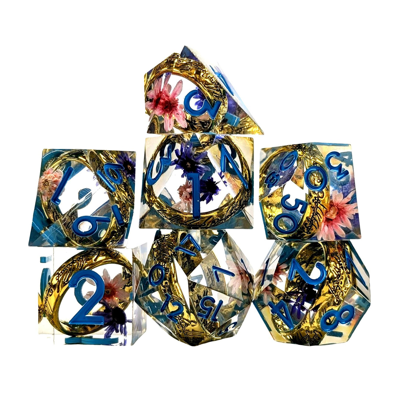 7pcs Dice Sharp Filled Gold Ring Flowers Blue Font Blue Clear