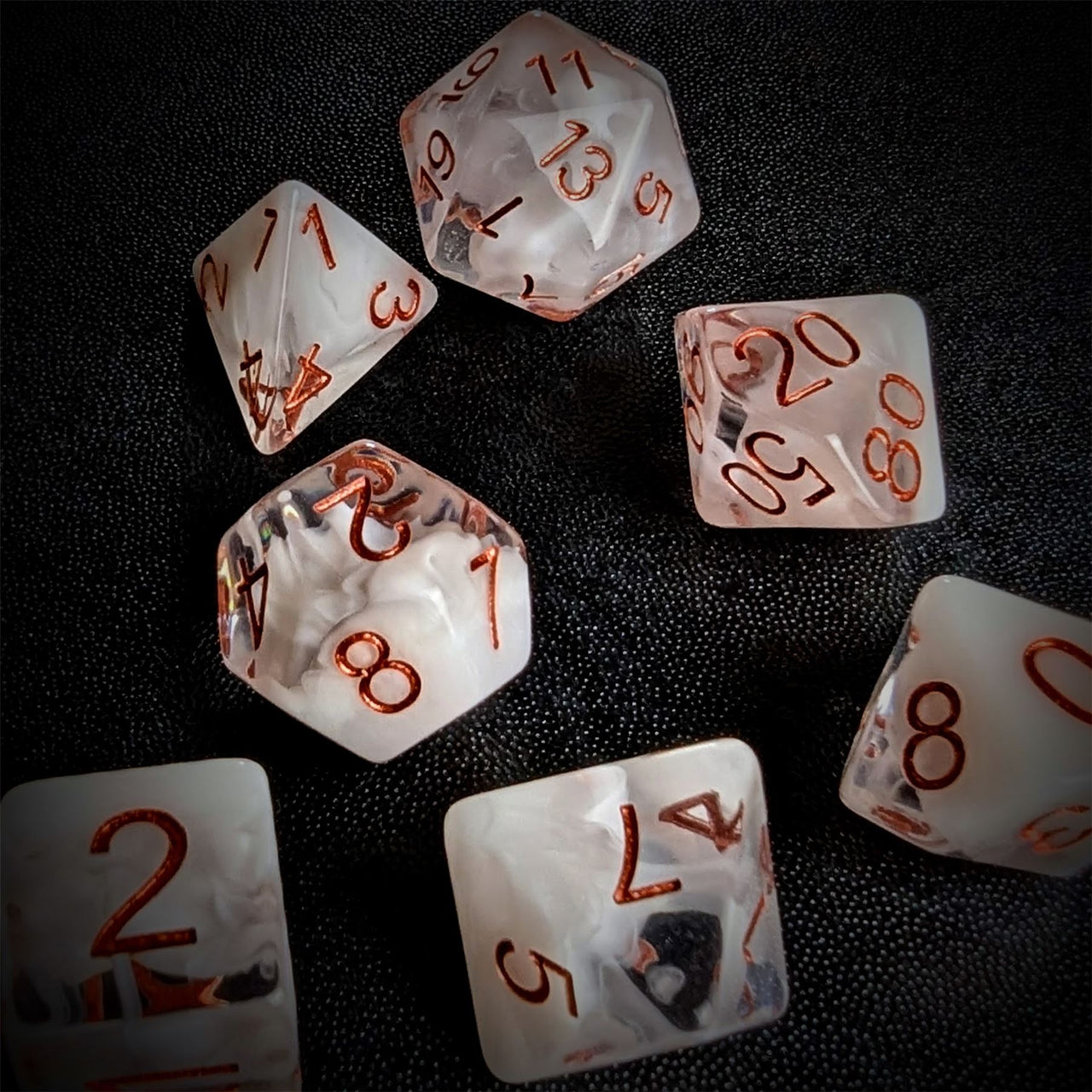 White Swirl in Clear Resin - 7pcs RPG Full Dice Set