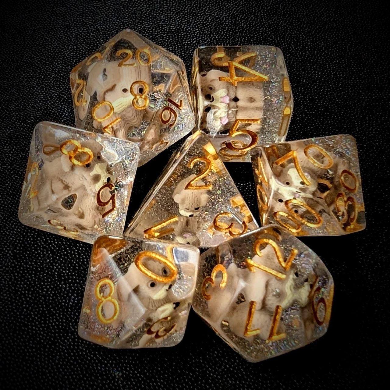 White Dog in Clear Resin - 7pcs RPG Full Dice Set