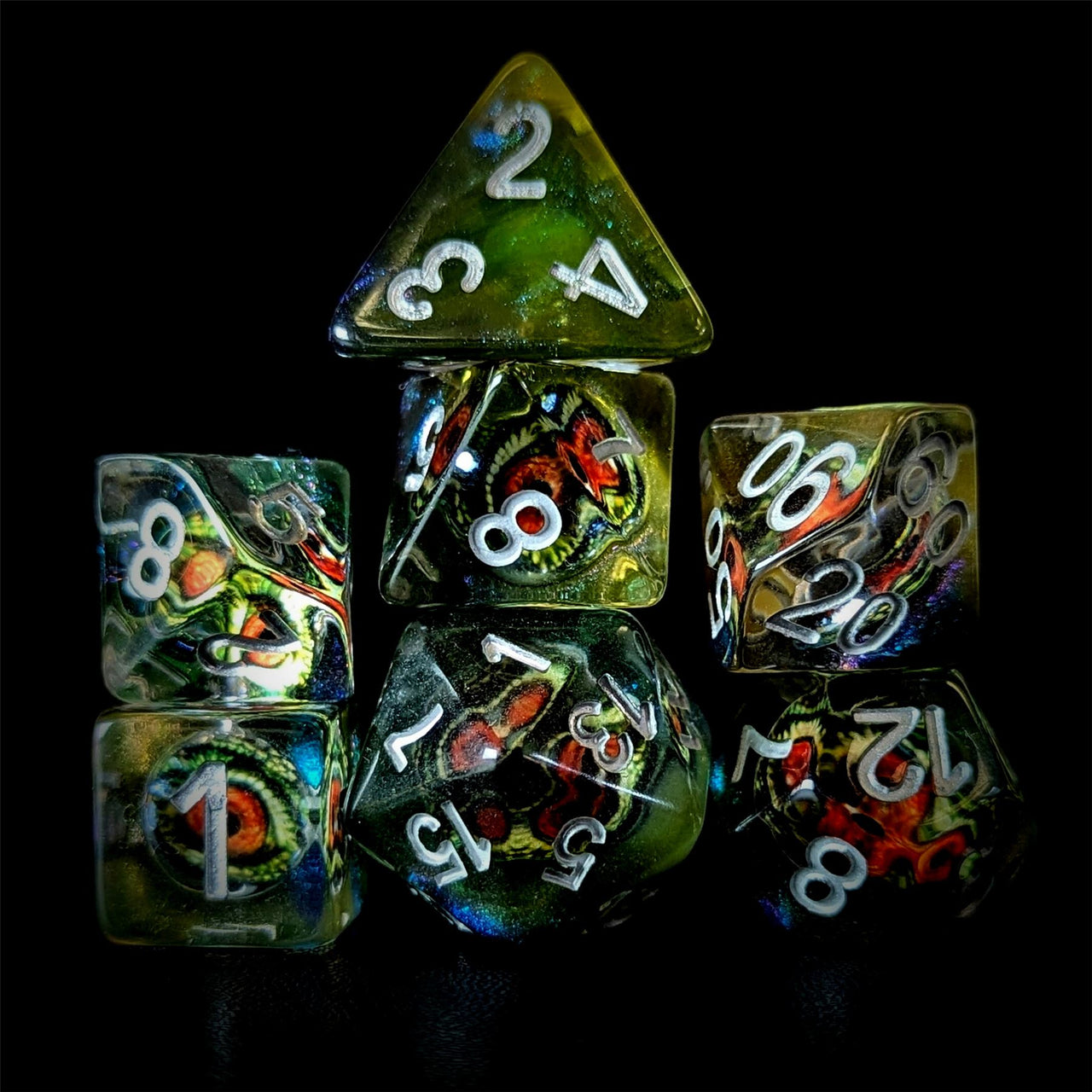 Demon Eye in Clear & Green Resin - 7pcs RPG Full Dice Set