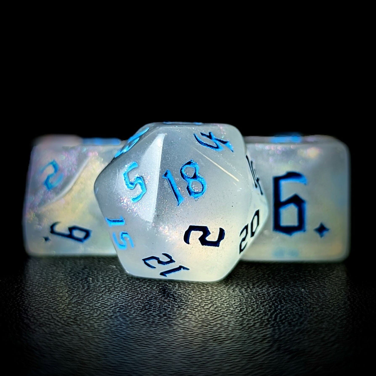 Glitter in White Acrylic with Blue Font - 7pcs RPG Full Dice Set Close