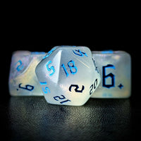 Thumbnail for Glitter in White Acrylic with Blue Font - 7pcs RPG Full Dice Set Close