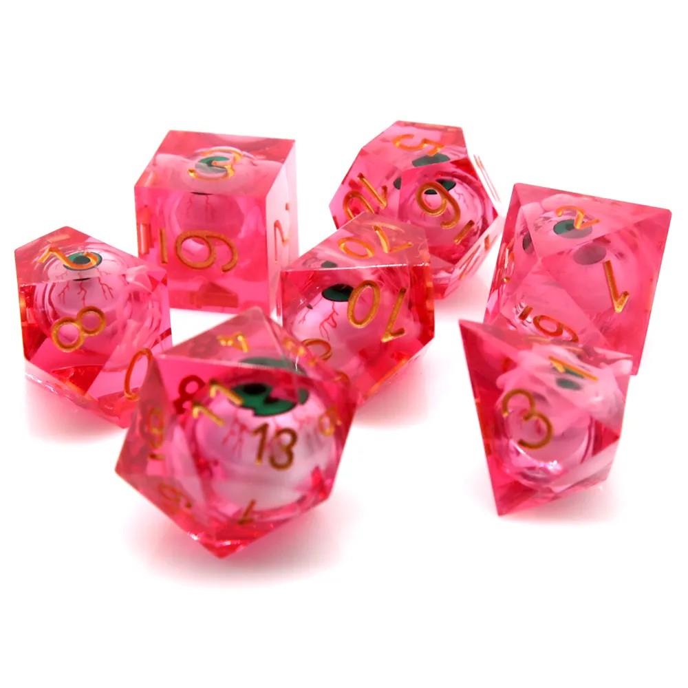 Green Eye Ball in Clear & Red Liquid Filled Sharp Resin - 7pcs RPG Dice Set