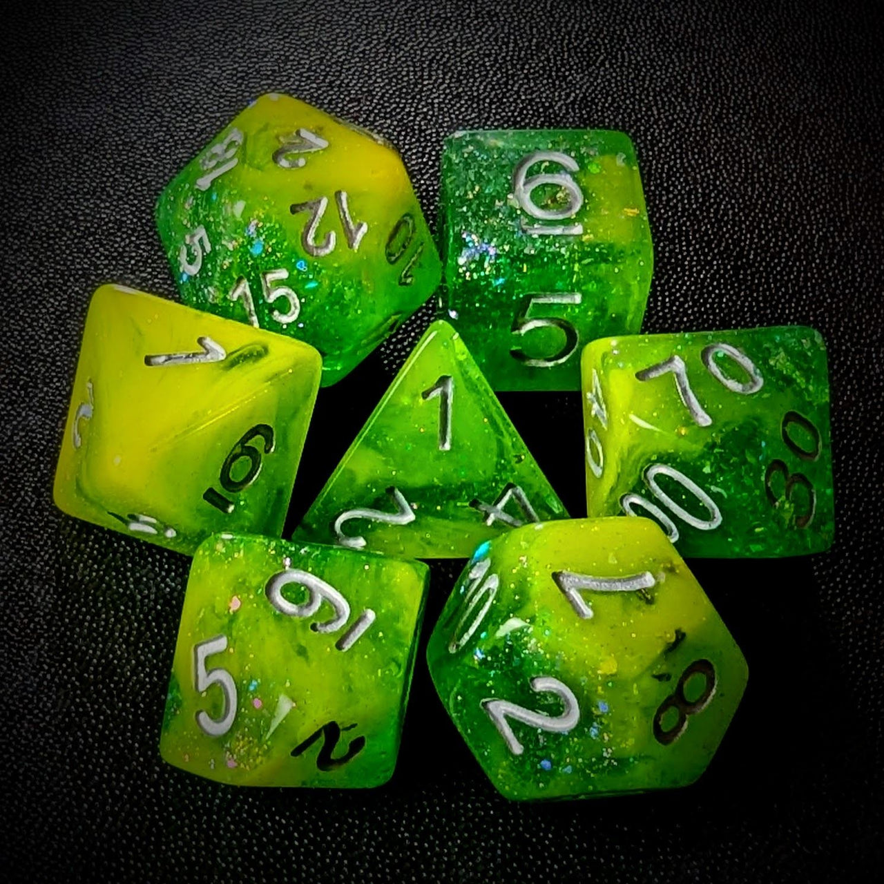 Glitter in Yellow & Green Resin - 7pcs RPG Full Dice Set