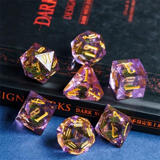 Green Glitter in Purple & Clear Liquid Filled Sharp Resin - 7pcs RPG Dice Set