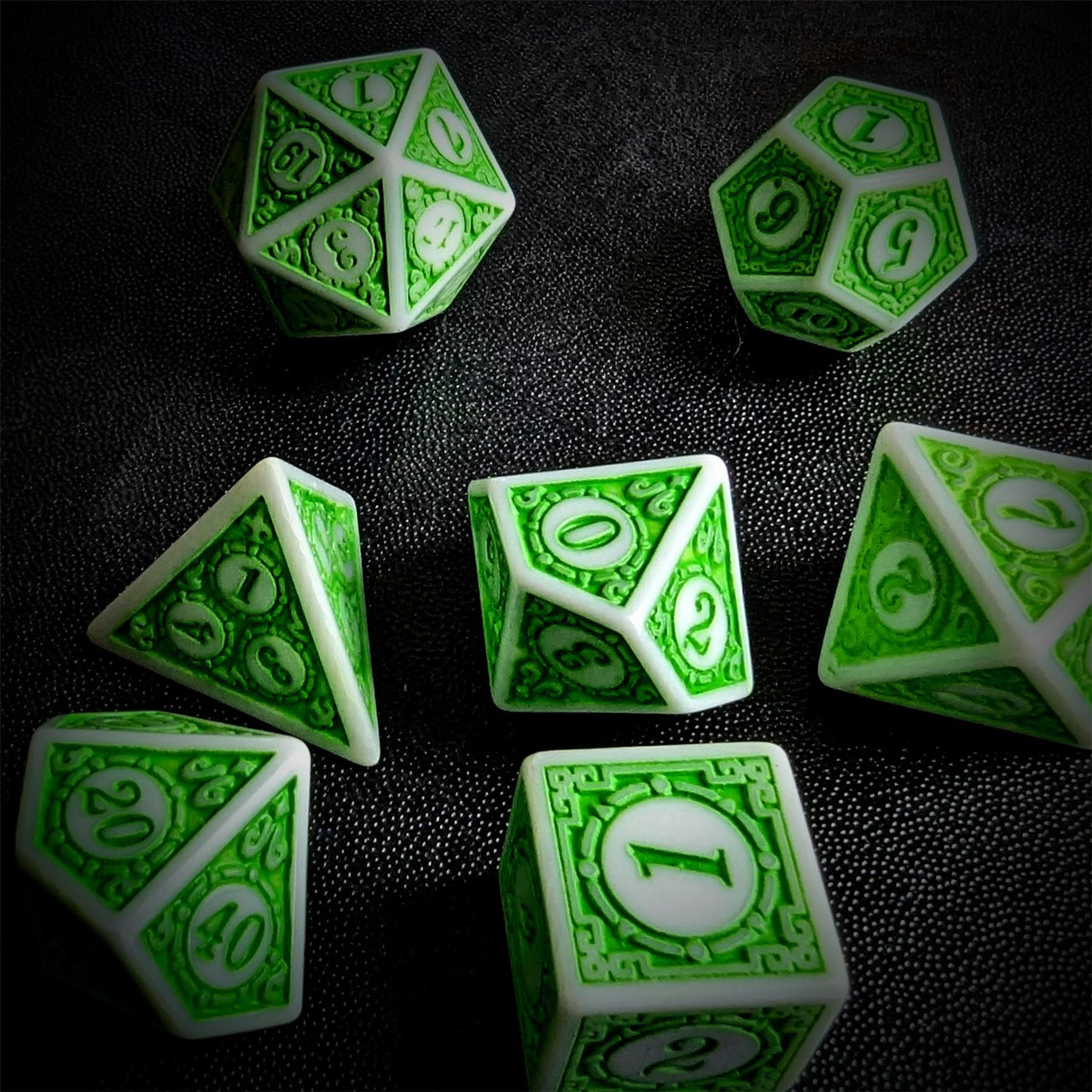 Green Lattice on White Acrylic - 7pcs RPG Full Dice Set Scatter