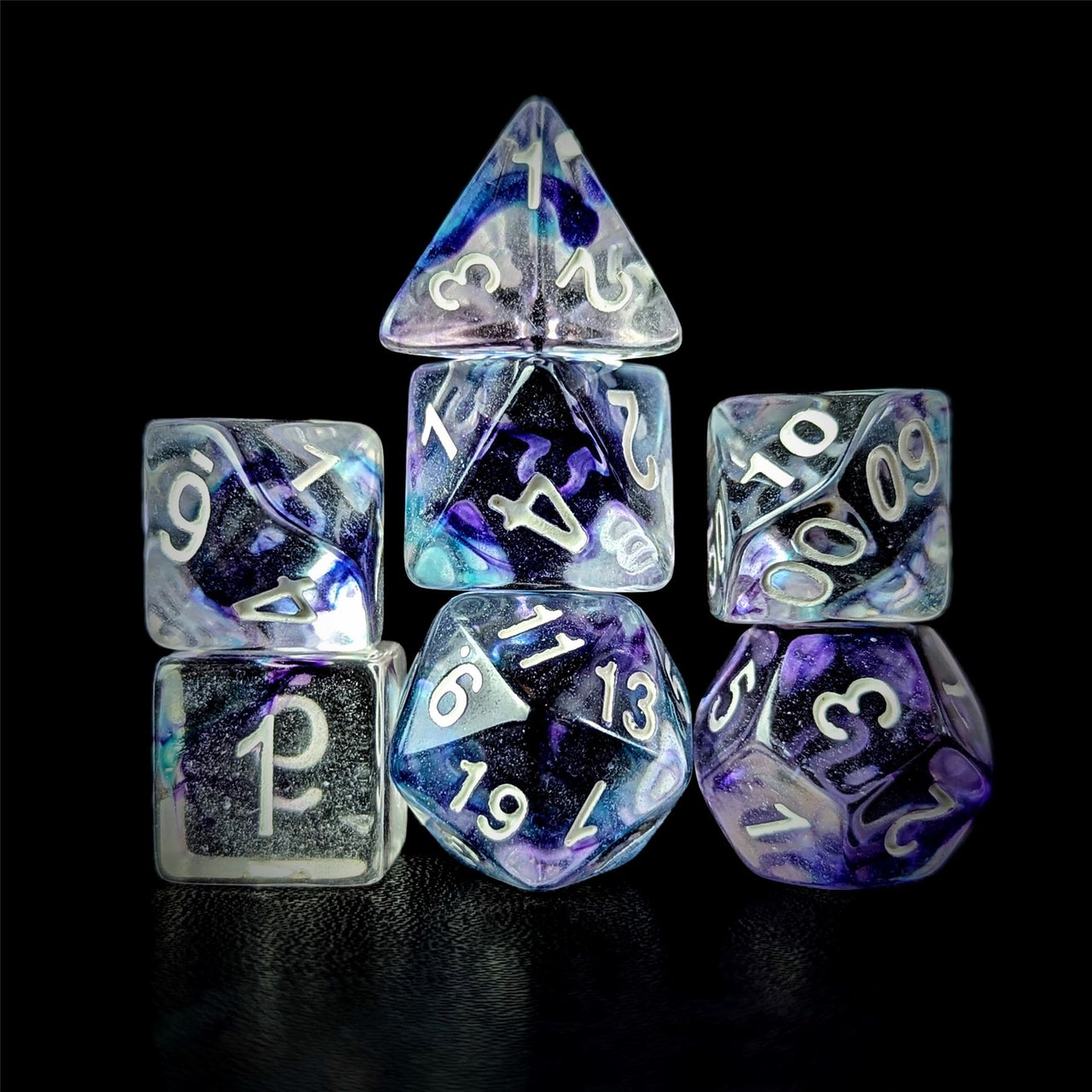 Purple & Blue Swirl in Clear Resin - 7pcs RPG Full Dice Set