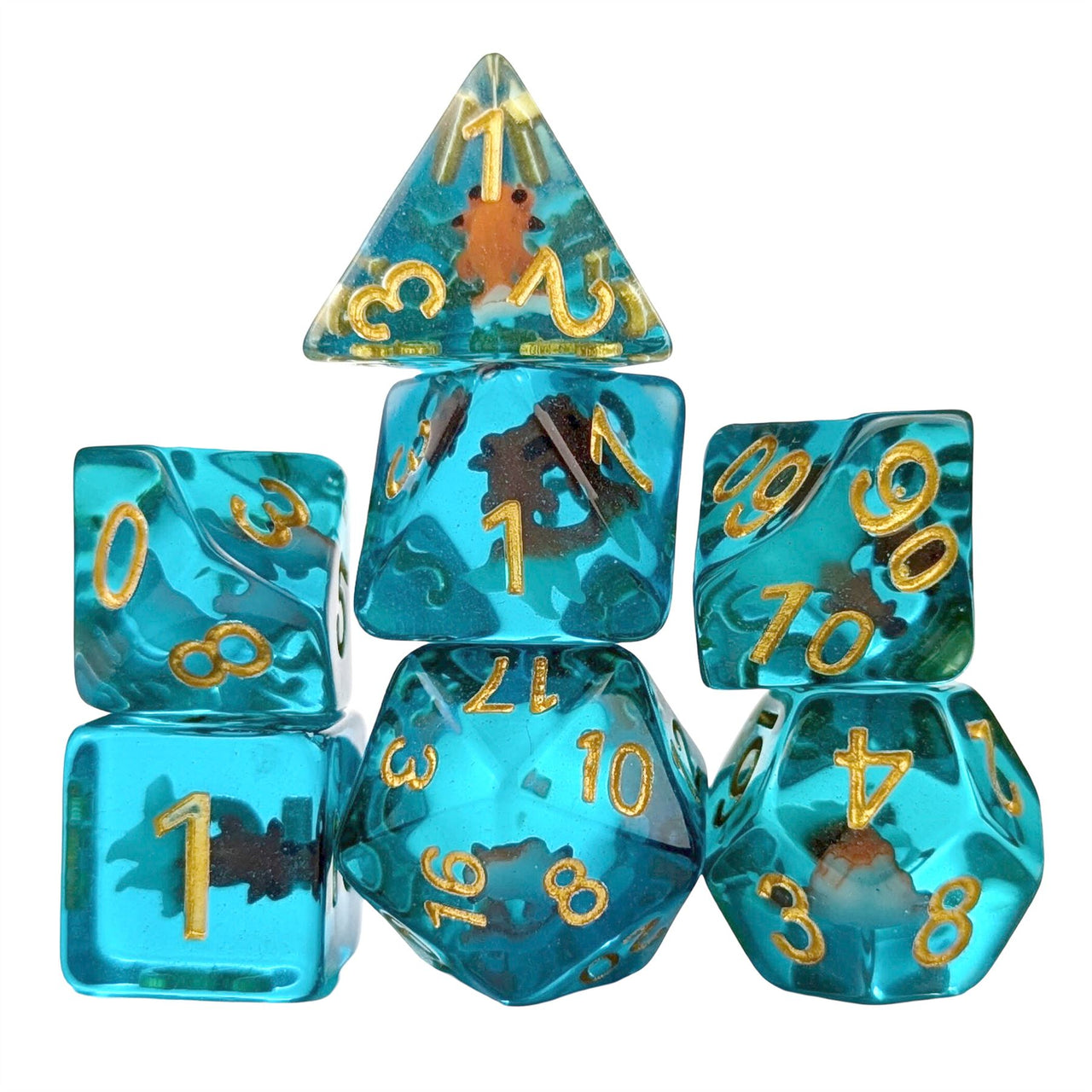 Goldfish in Clear & Blue Resin - 7pcs RPG Full Dice Set