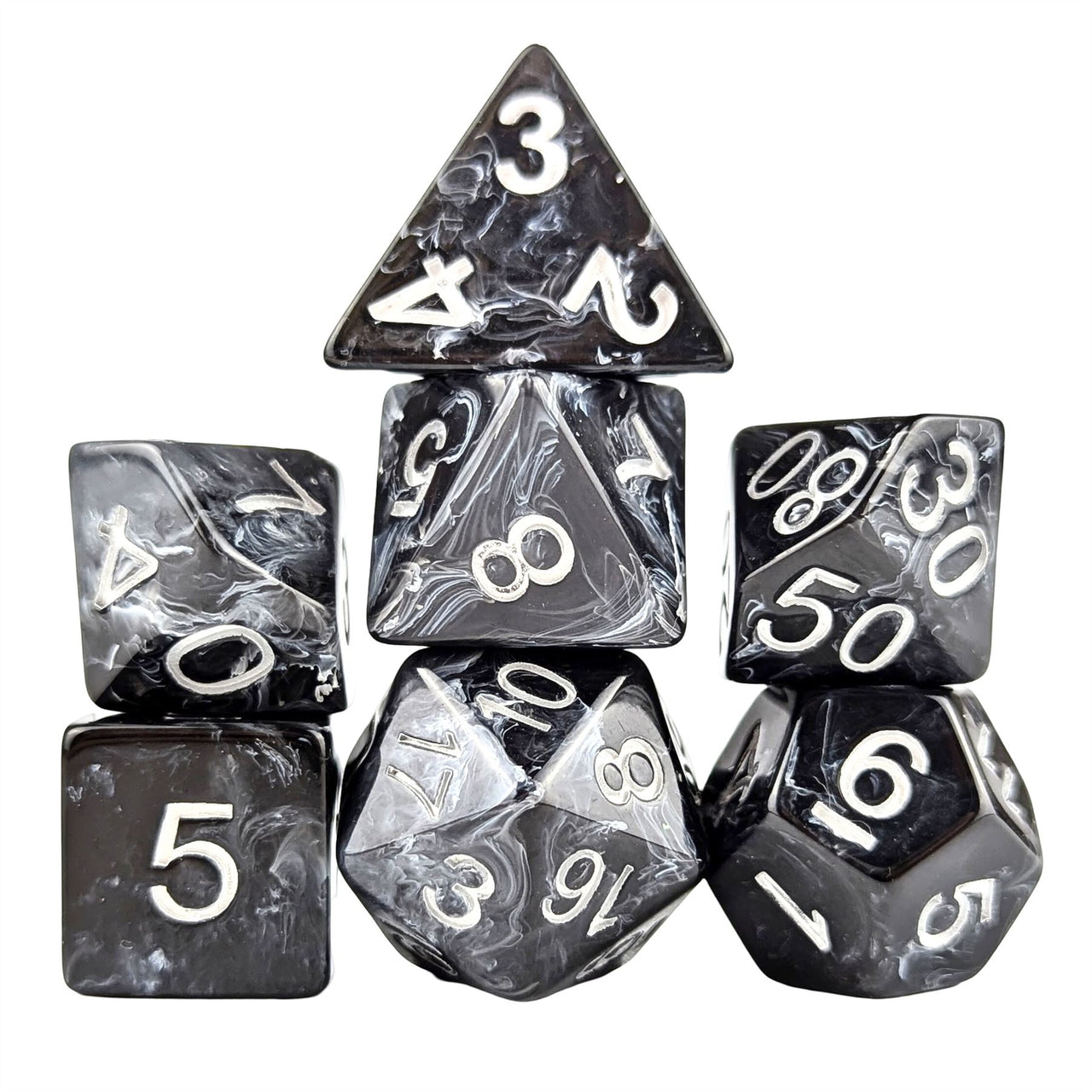 White Swirl in Black Resin - 7pcs RPG Full Dice Set