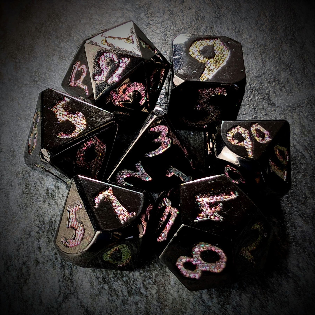 Pink & Yellow Font in Black Metal - 7pcs RPG Dice Set