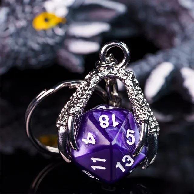 Silver & Purple Acrylic in Metal Claw - D20 Keyring