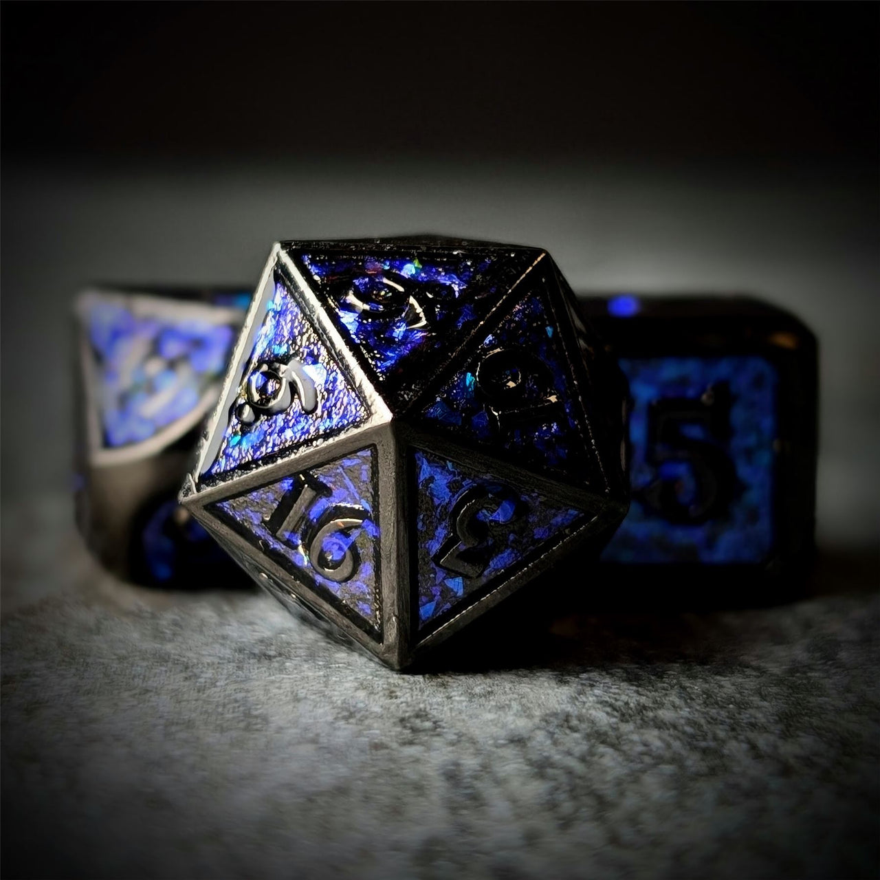 Glitter Blue Enamel in Black Metal - 7pcs RPG Dice Set