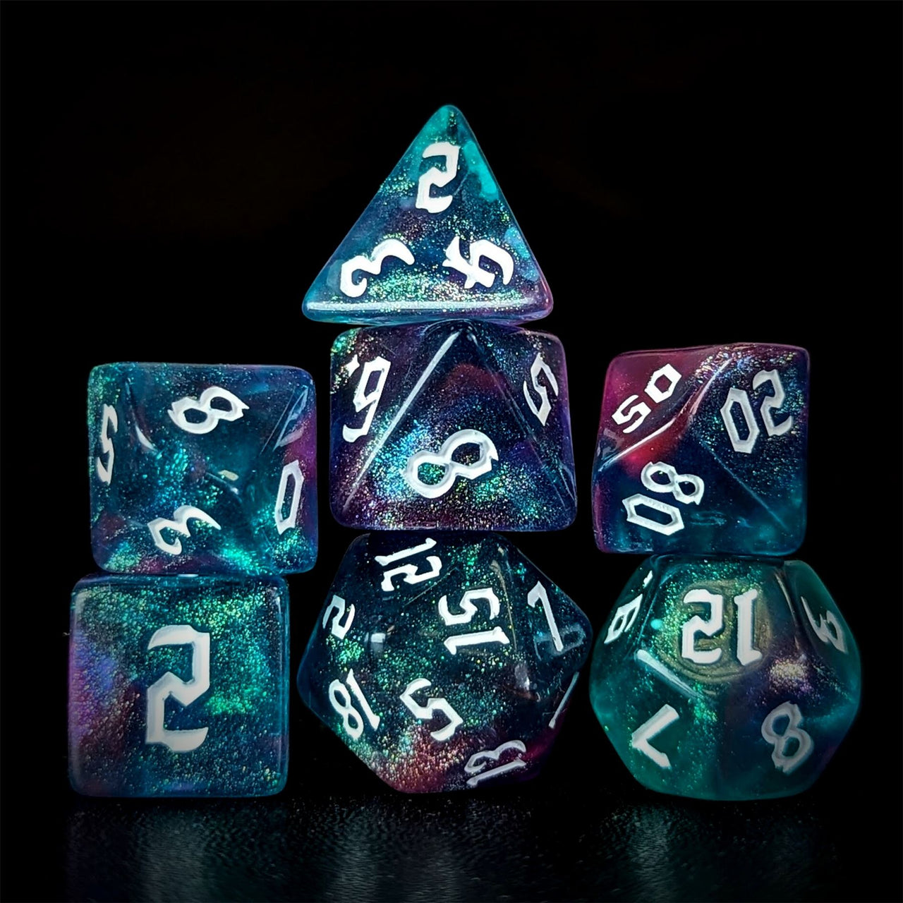 Glitter in Blue & Pink Acrylic - 7pcs RPG Full Dice Set Dark Stack