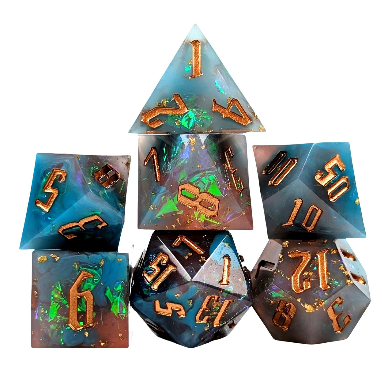 Candy in Blue & Pink with Copper Foil Sharp Resin - 7pcs RPG Dice Set