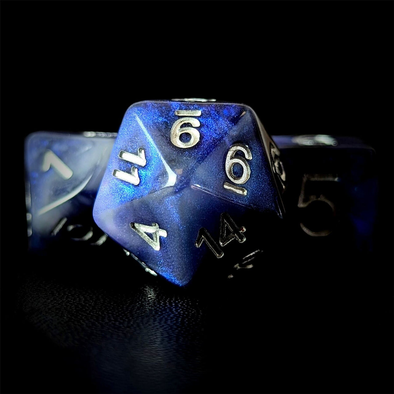 Glitter in Blue & Black Resin - 7pcs RPG Full Dice Set