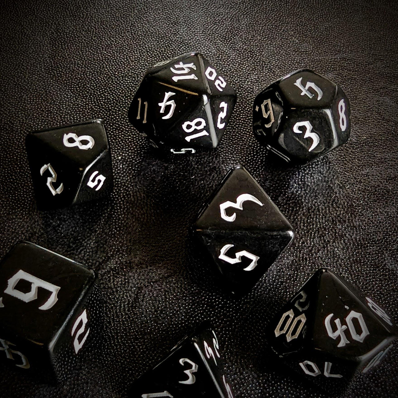 White on Solid Black Acrylic - 7pcs RPG Full Dice Set Scatter