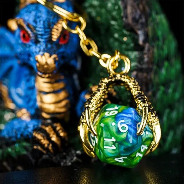 Green & Blue Acrylic in  Gold Metal Claw - D20 Keyring