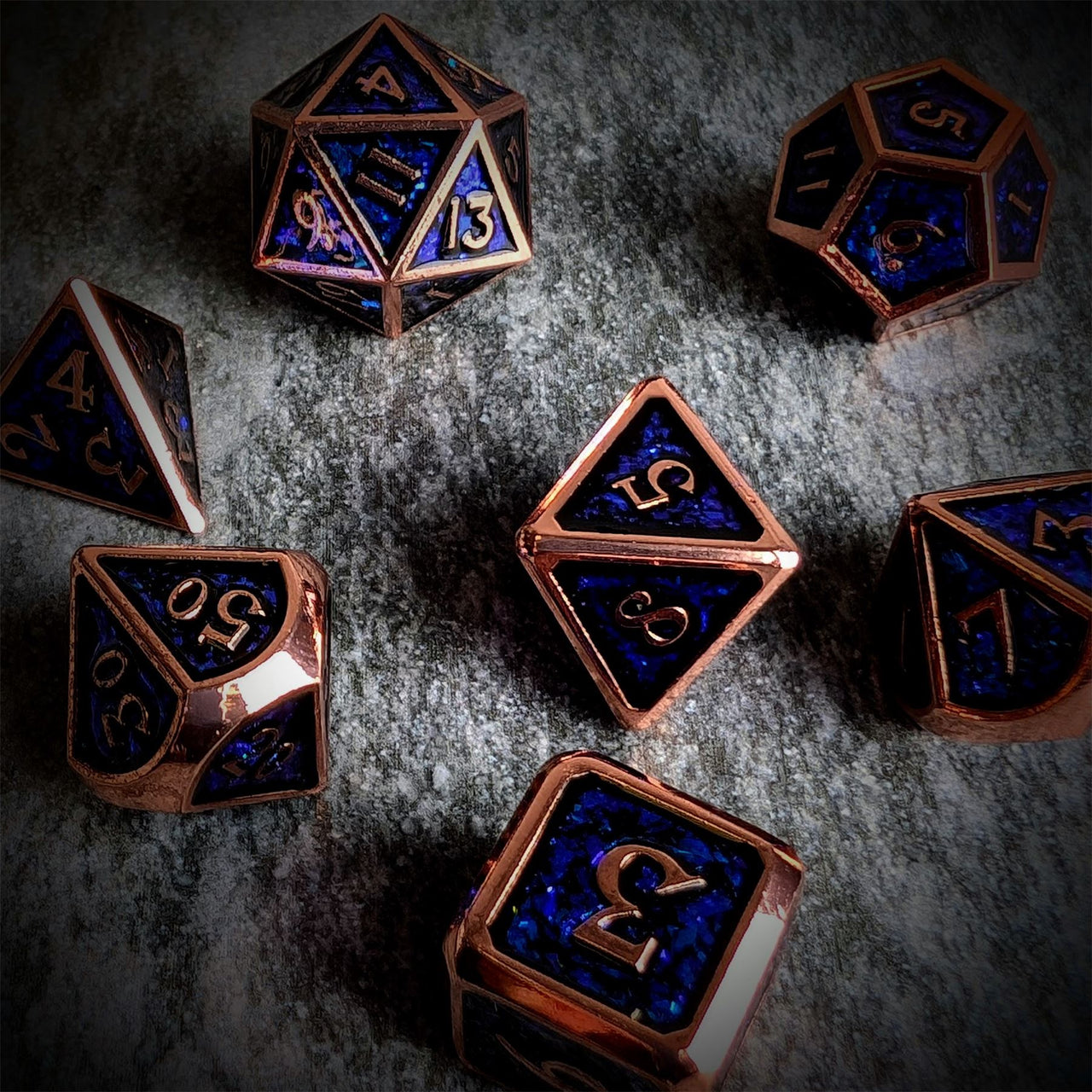 Glitter Blue Enamel in Copper Metal - 7pcs RPG Dice Set