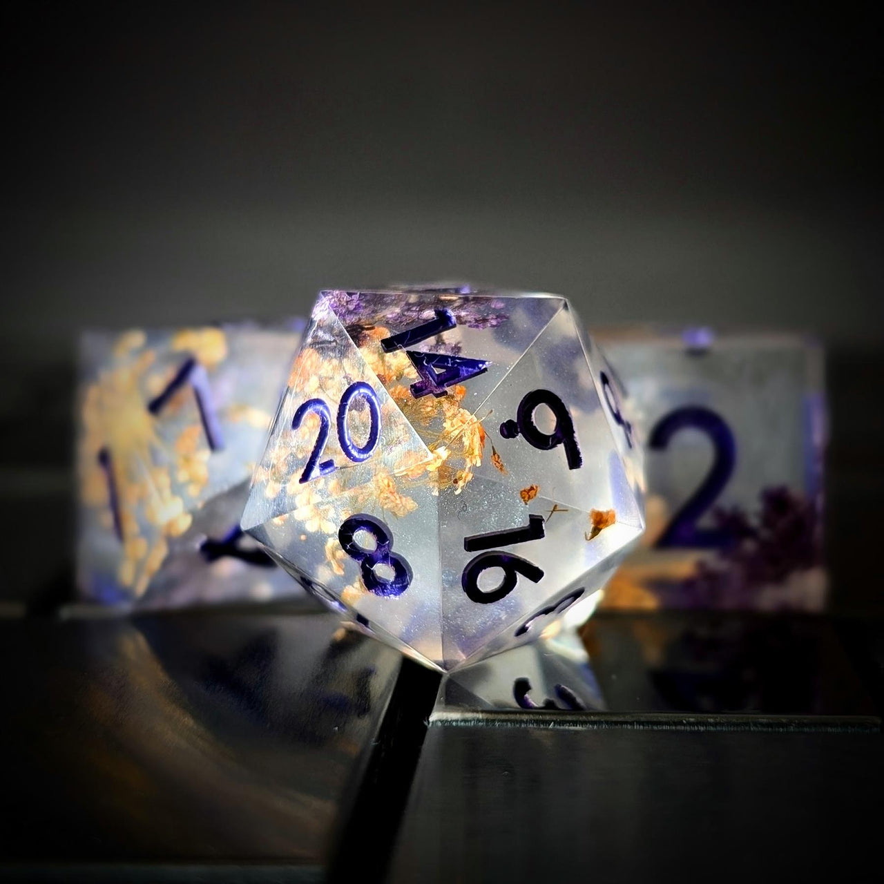 Flower in Yellow & Purple Filled Sharp Resin - 7pcs RPG Dice Set