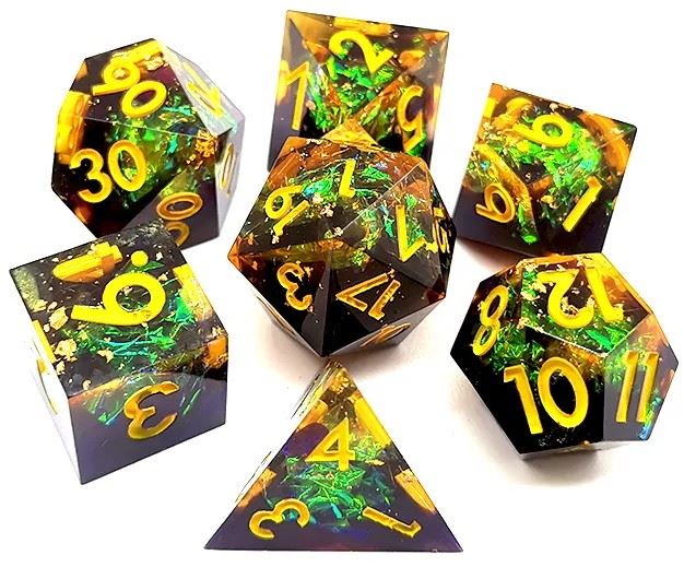 Yellow Swirl in Black with Gold Foil Sharp Resin - 7pcs RPG Dice Set