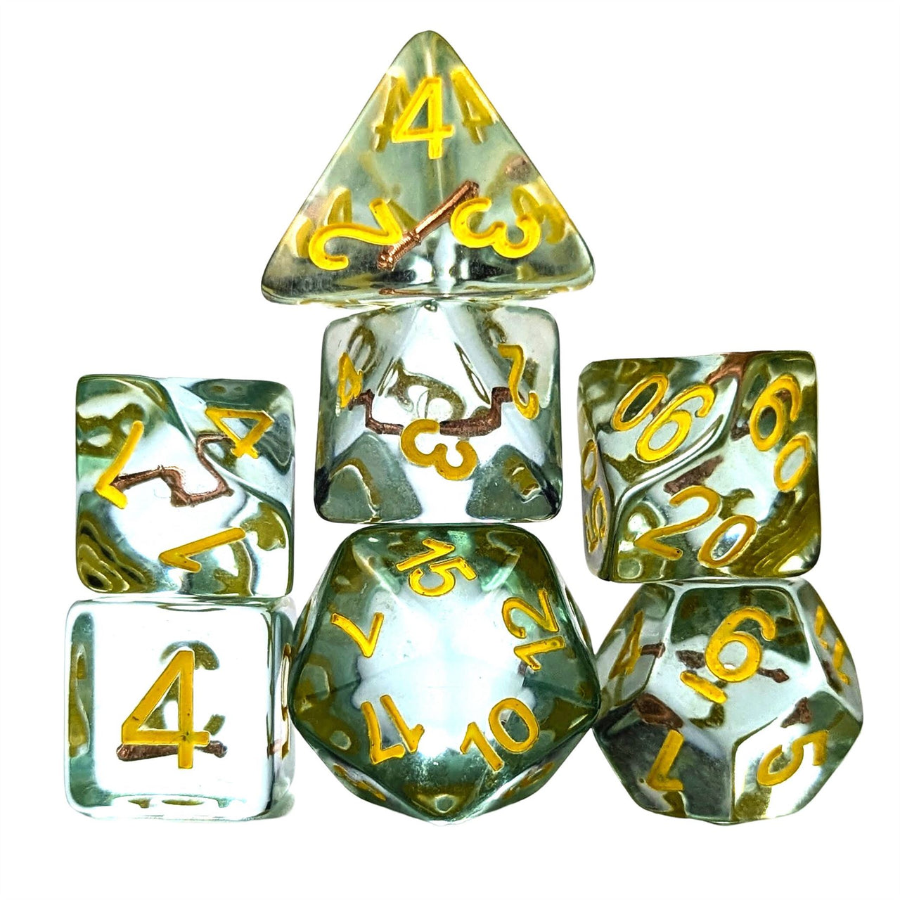 Mace in Clear & Green Resin - 7pcs RPG Full Dice Set