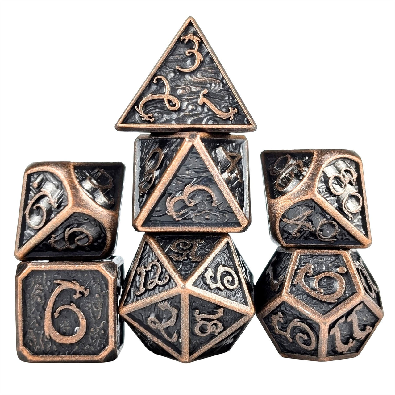 Copper Metal with Dragon Font - 7pcs RPG Dice Set