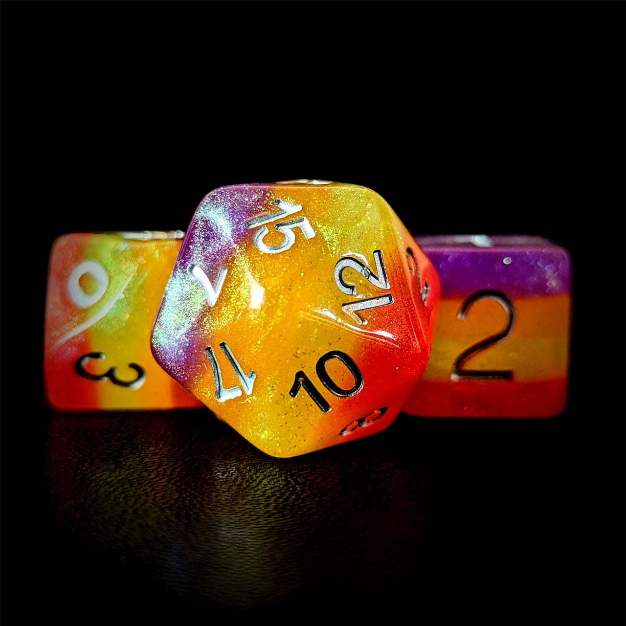 Glitter in Purple, Yellow & Red Resin - 7pcs RPG Full Dice Set