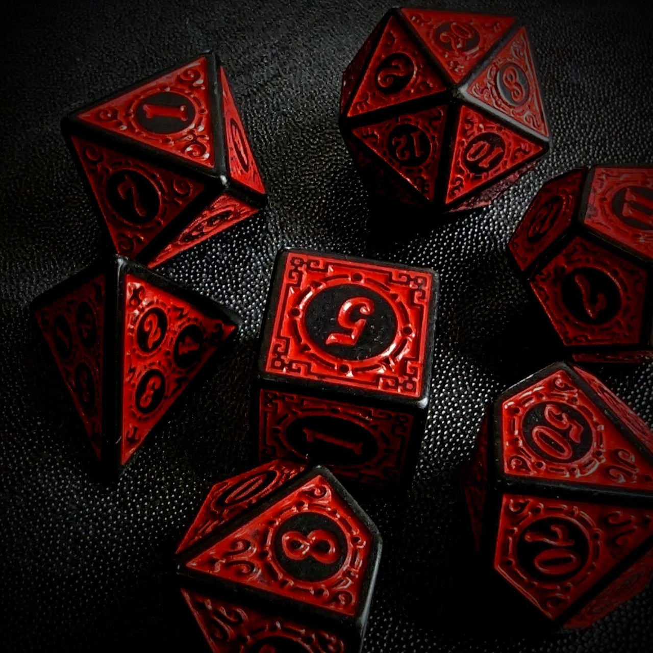 Red Lattice on Black Acrylic - 7pcs RPG Full Dice Set Scatter