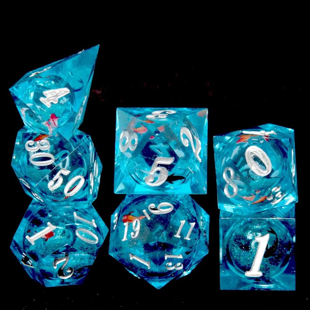 Fish Ball in Clear & Blue Filled Sharp Resin - 7pcs RPG Dice Set