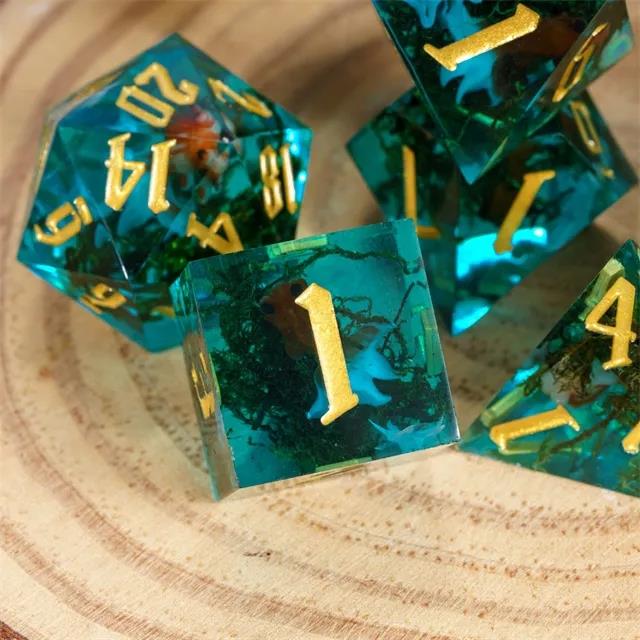 Gold Fish & Moss in Clear & Cyan Filled Sharp Resin - 7pcs RPG Dice Set