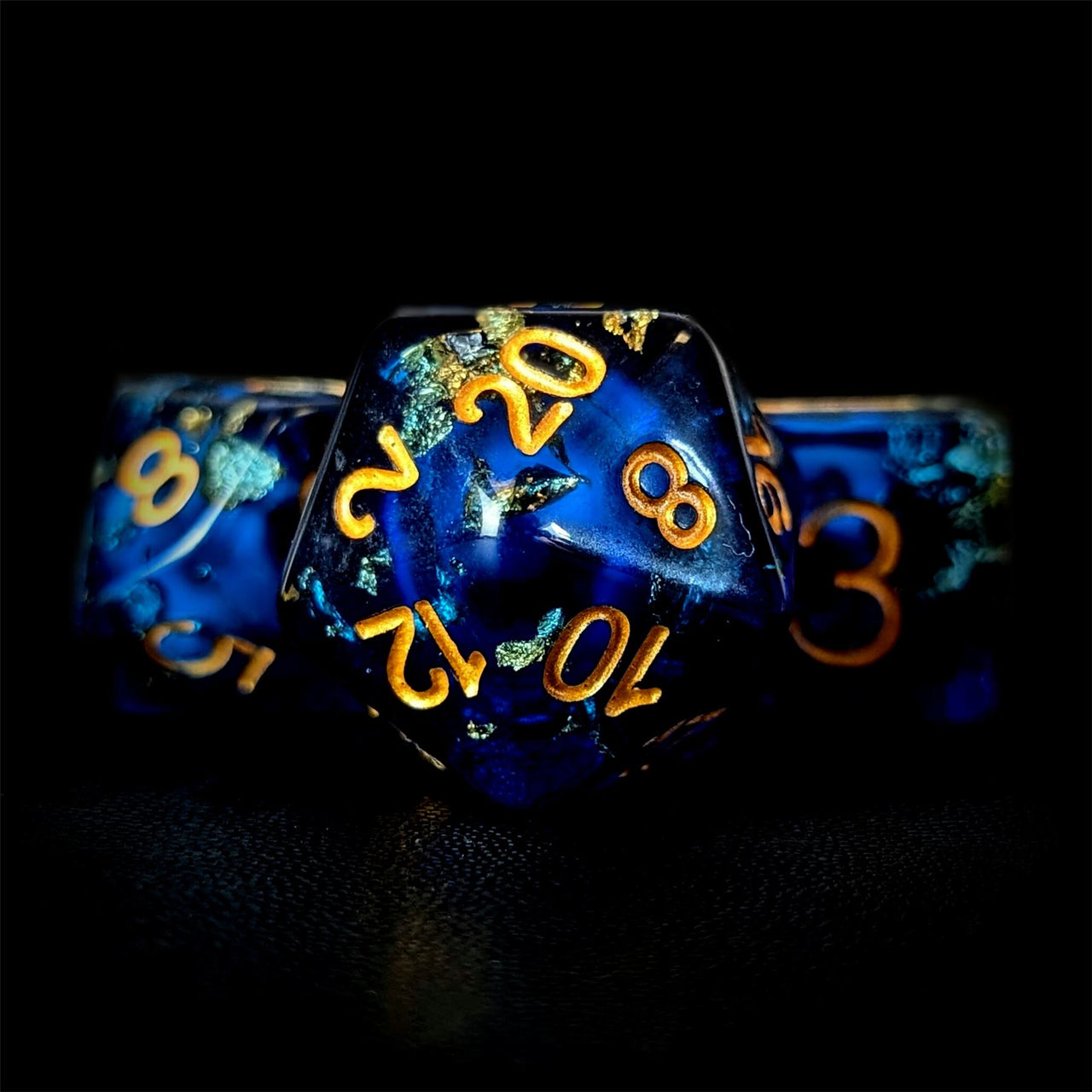 Gold Foil & Skull in Royal Blue Resin - 7pcs RPG Full Dice Set