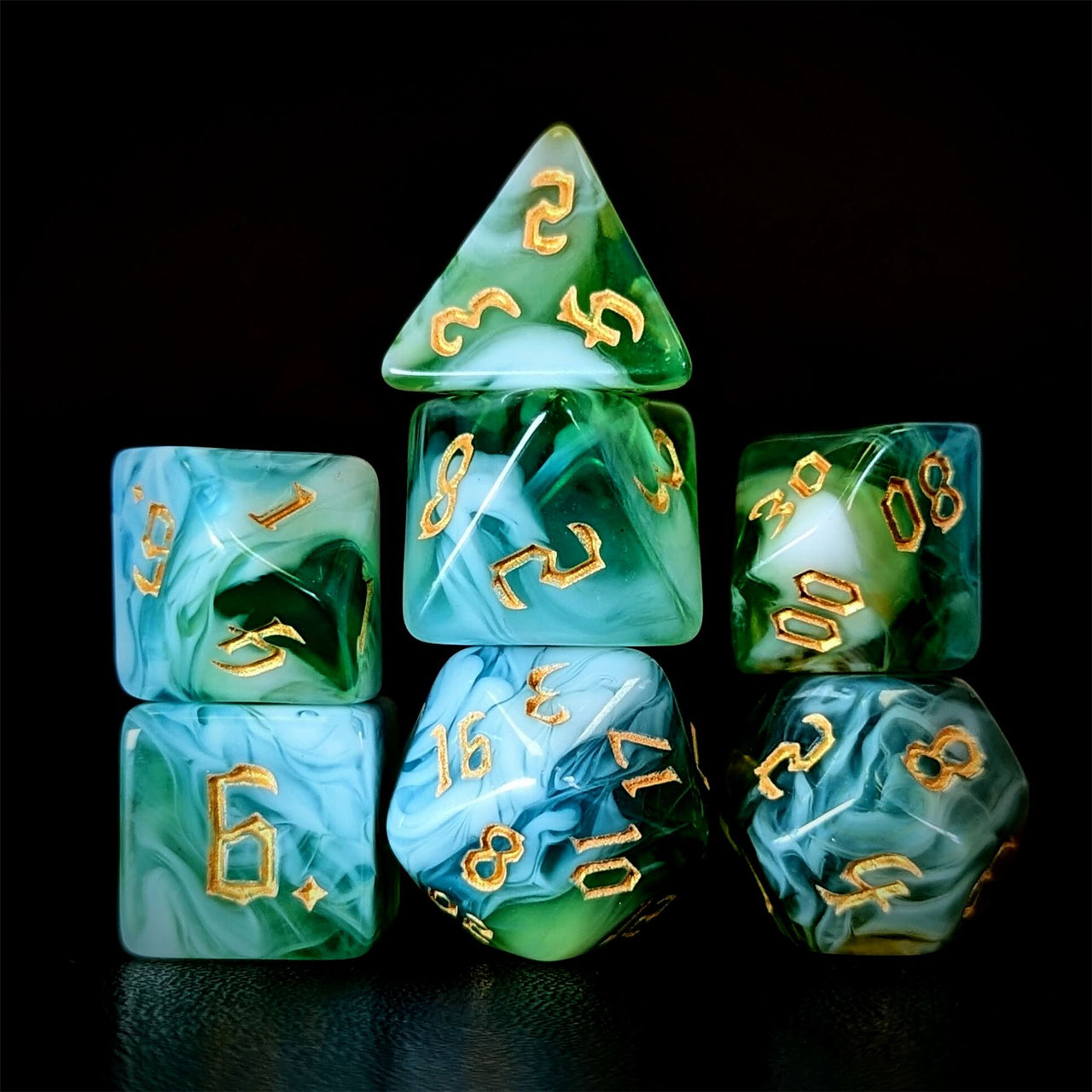 Blend of Green & Sky Blue Acrylic - 7pcs RPG Full Dice Set Dark Stack