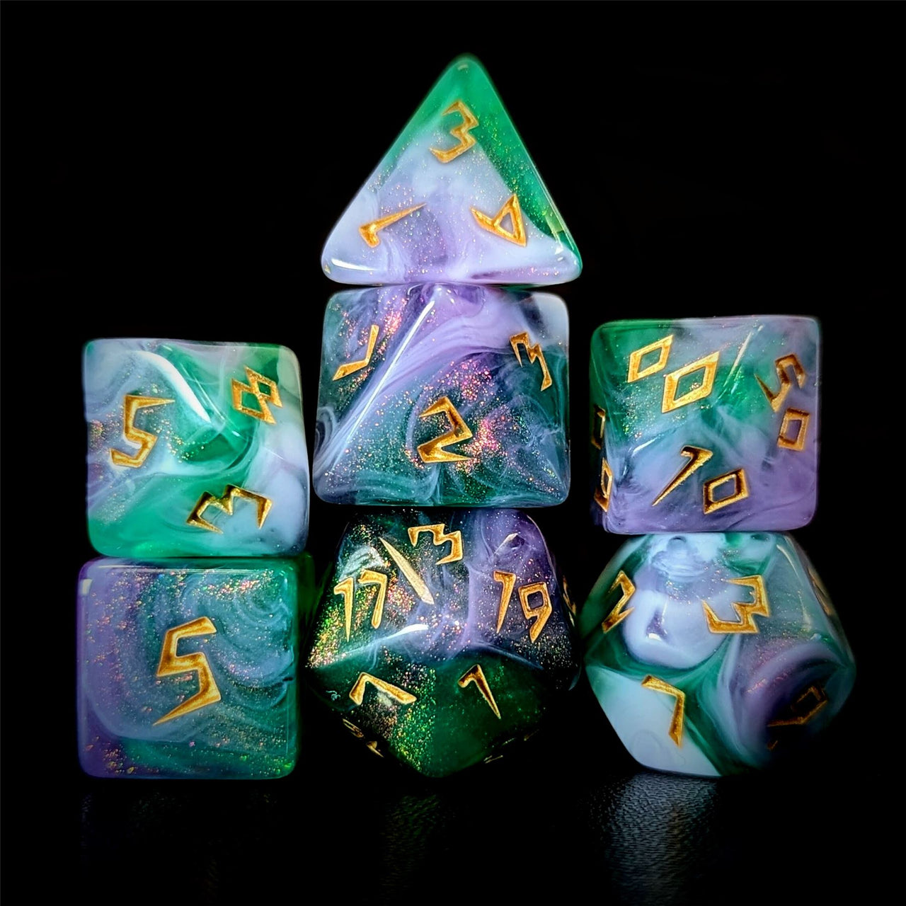 Glitter in Green & Purple Acrylic - 7pcs RPG Full Dice Set Dark Stack