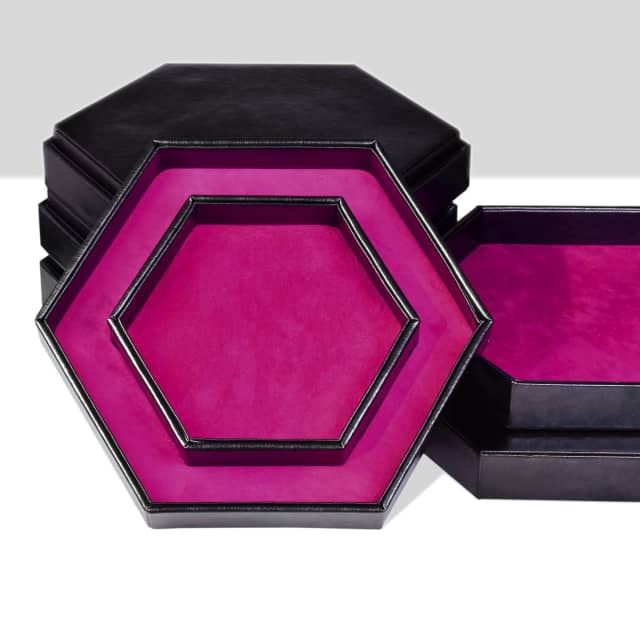 Magenta Velvet & Black PU Leather - Hexagon Lid Dice Tray