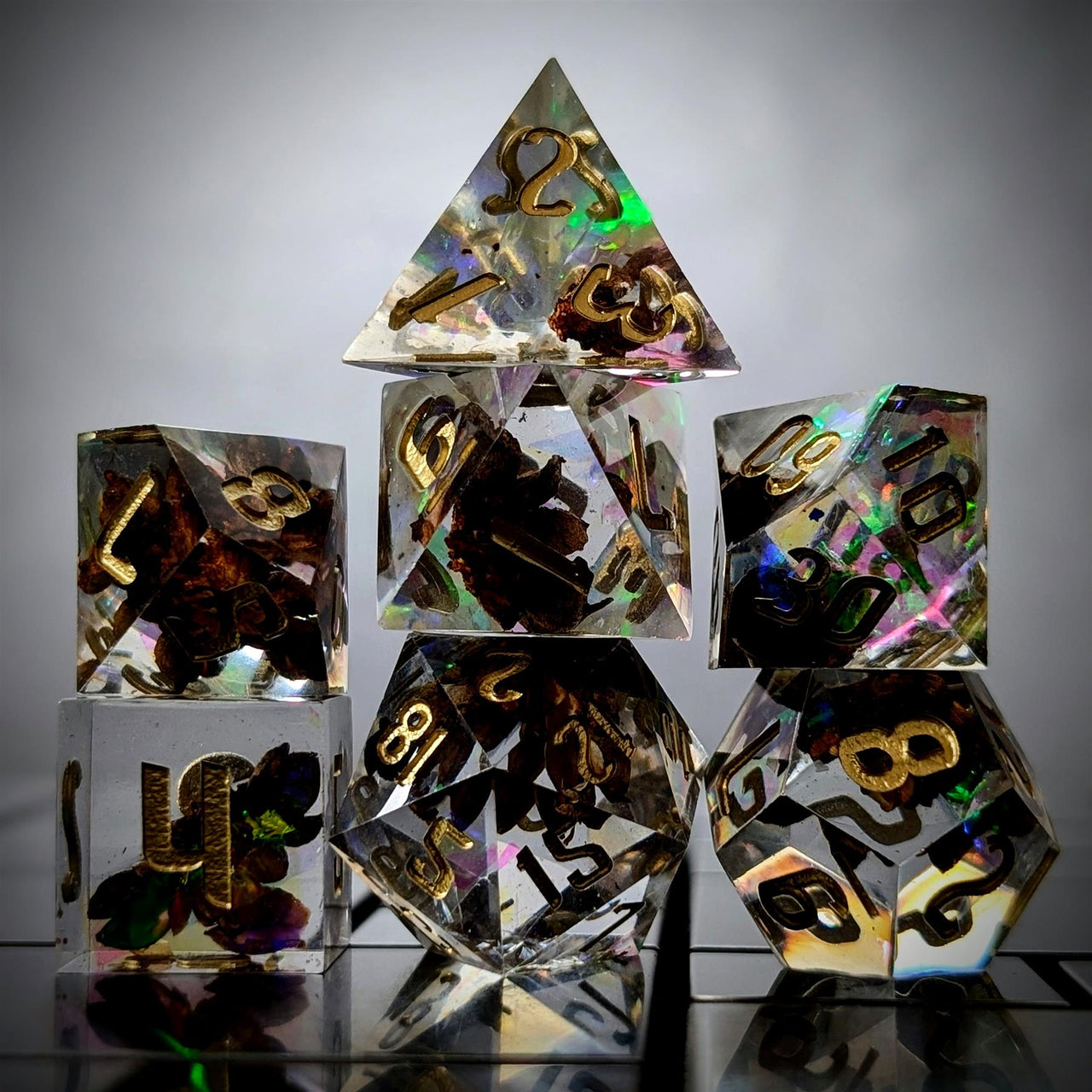 Spice in Clear Filled Sharp Resin - 7pcs RPG Dice Set