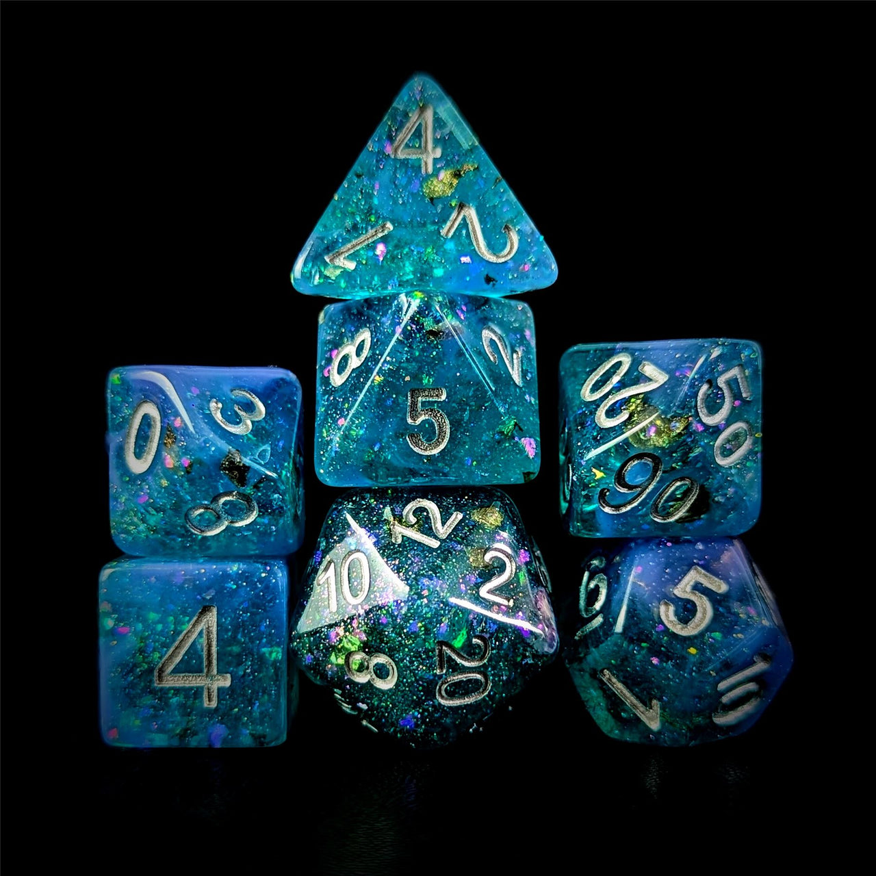 Glitter in Blue & Cyan Resin - 7pcs RPG Full Dice Set