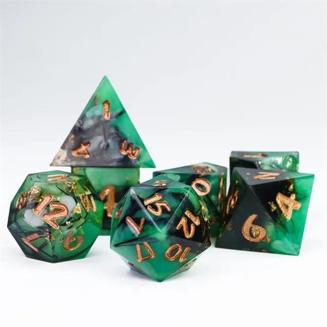 Swirl & Foil in Black & Green Sharp Resin - 7pcs RPG Dice Set