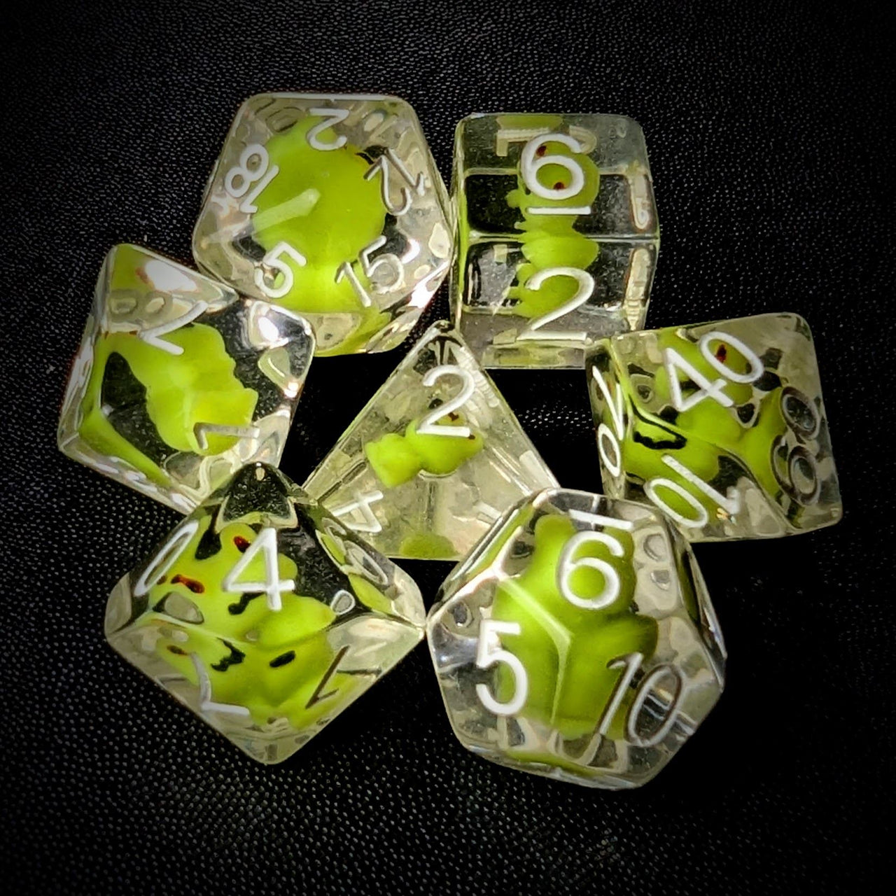 Green Frog in Clear Resin - 7pcs RPG Full Dice Set