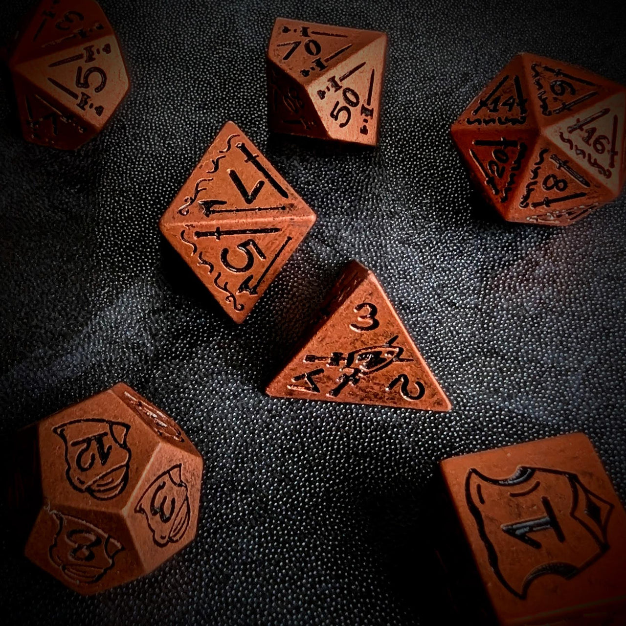 7pcs RPG Full Dice Set - Black Pattern on Copper Resin