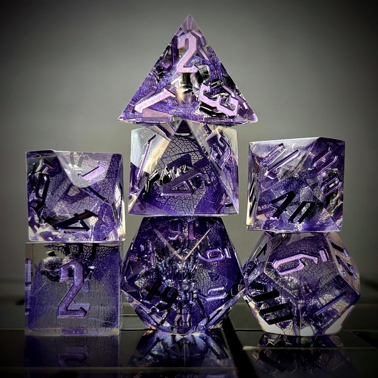 Spider in Clear & Purple Filled Sharp Resin - 7pcs RPG Dice Set