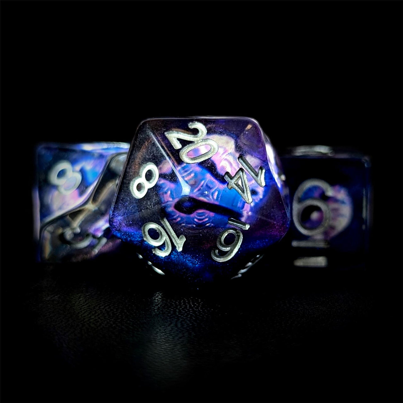 Demon Eye in Clear & Purple Resin - 7pcs RPG Full Dice Set