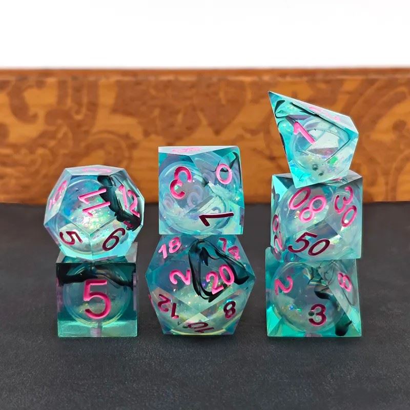 Black Swirl & Glitter in Cyan Liquid Filled Sharp Resin - 7pcs RPG Dice Set