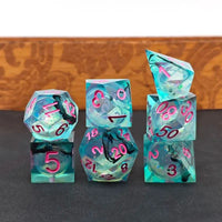 Thumbnail for Black Swirl & Glitter in Cyan Liquid Filled Sharp Resin - 7pcs RPG Dice Set