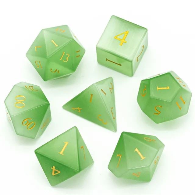 Green Cat Eye Gemstone - 7pcs RPG Dice Set