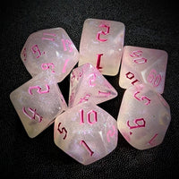 Thumbnail for Glitter in White Acrylic with Pink Font - 7pcs RPG Full Dice Set Top