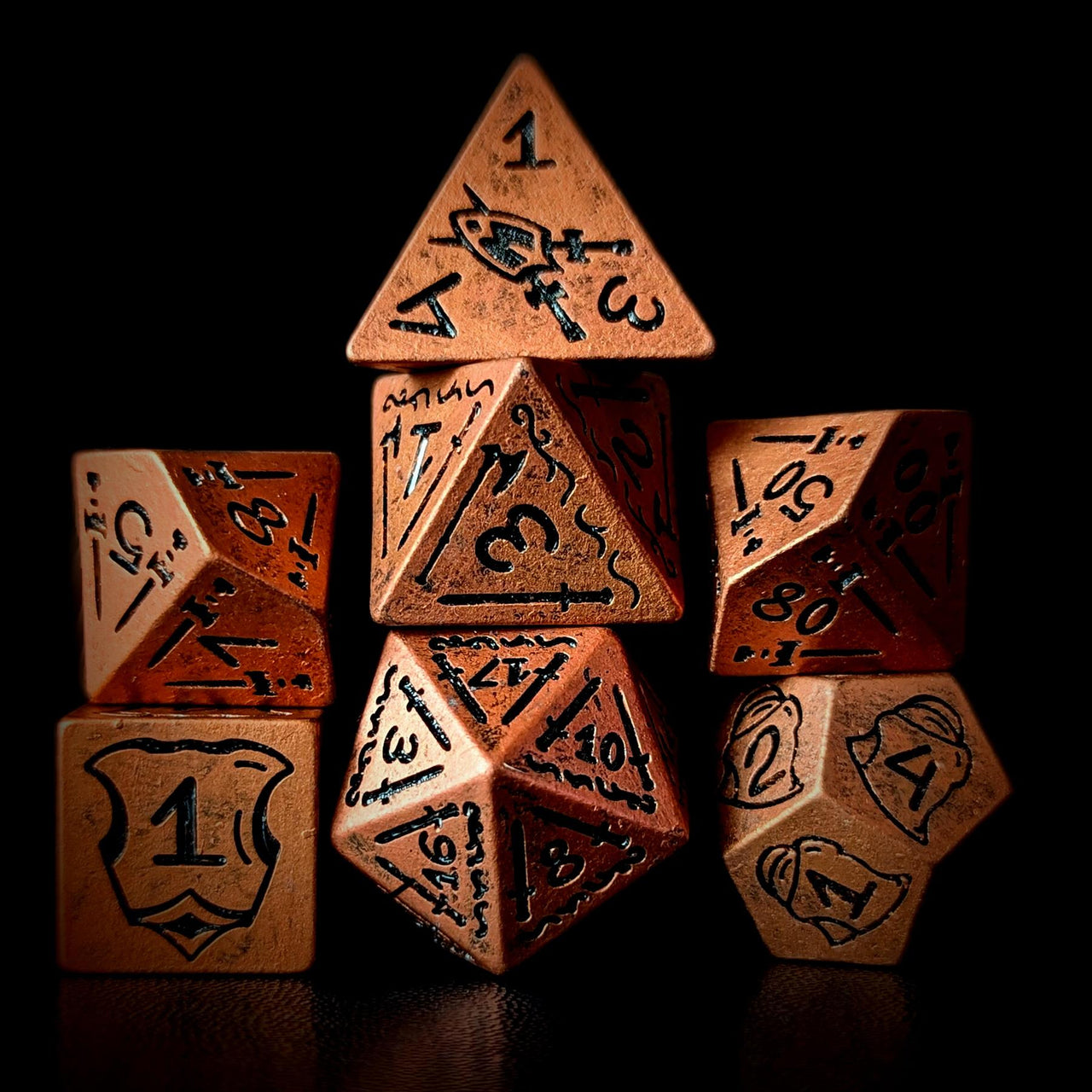 7pcs RPG Full Dice Set - Black Pattern on Copper Resin