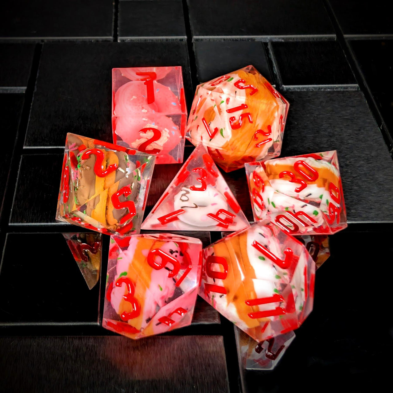 Donuts in Multicolour Filled Sharp Resin - 7pcs RPG Dice Set