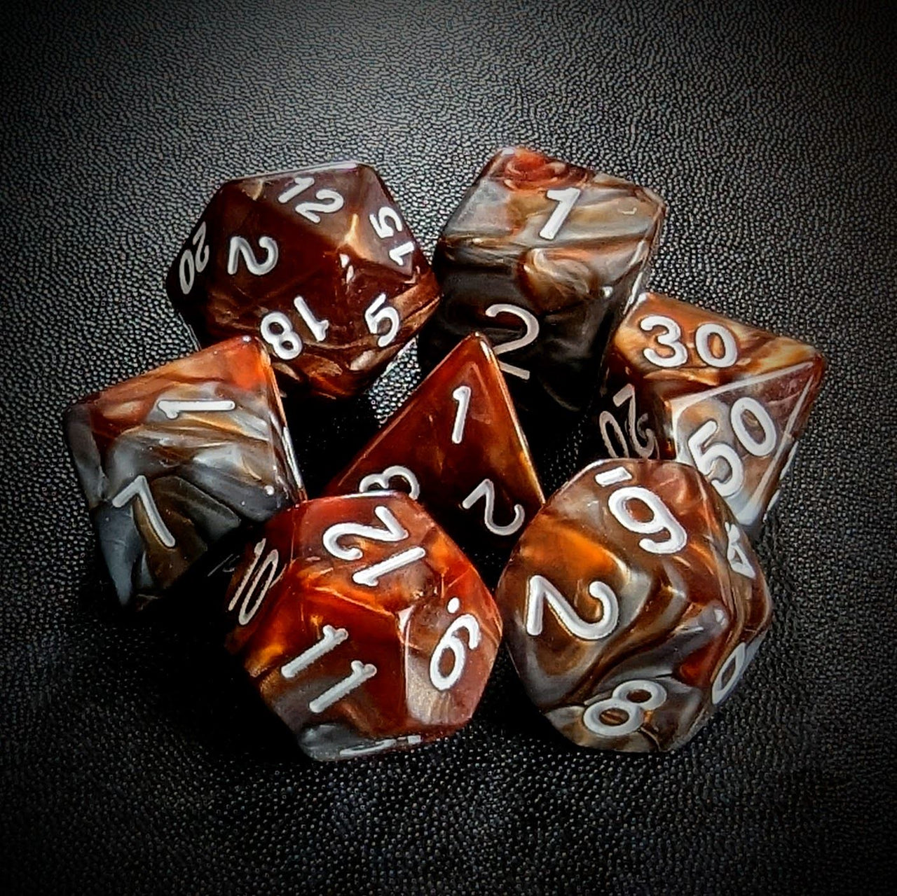 Blend of Copper & Grey Acrylic - 7pcs RPG Full Dice Set Top