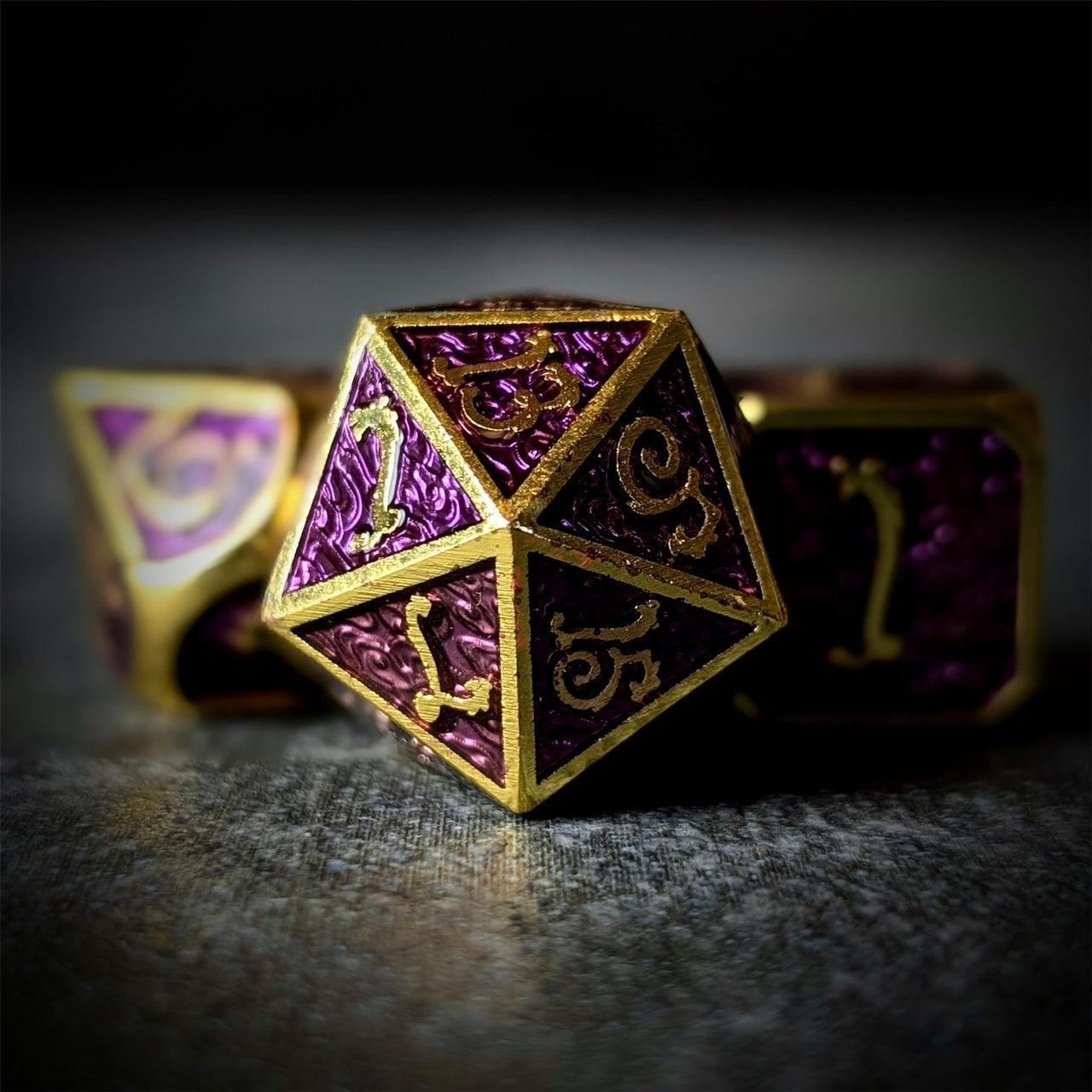 Purple Enamel in Gold Metal - 7pcs RPG Dice Set